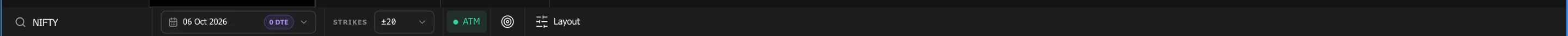 The option chain toolbar with symbol search, expiry, strike range, ATM and column controls (dark theme)