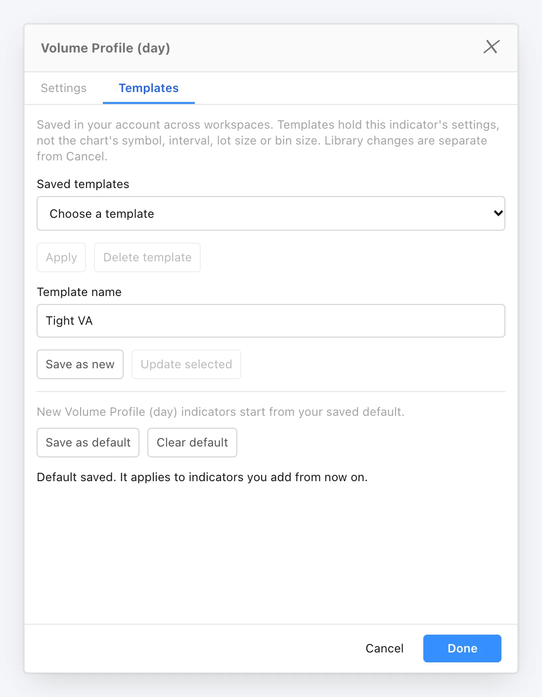 The Volume Profile settings dialog on its new Templates tab, with a saved template named Tight VA and the message "Default saved. It applies to indicators you add from now on."