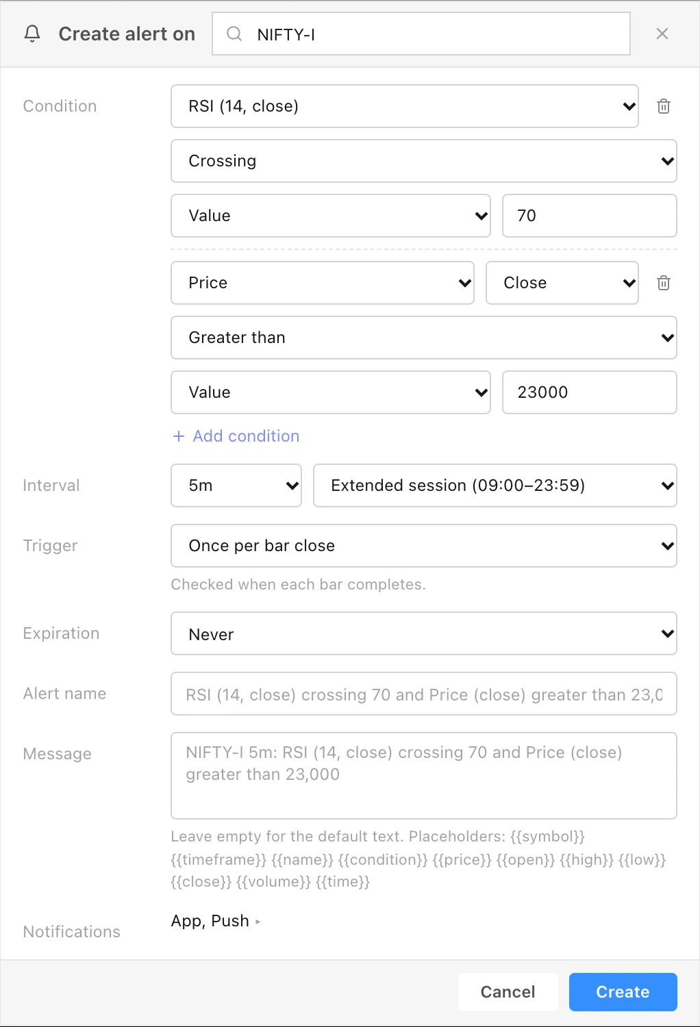 The Create alert on NIFTY-I dialog over a chart, with two conditions: RSI (14, close) crossing 70, and Price (Close) greater than 23000; Interval 5m, Extended session; Trigger Once per bar close; Expiration Never; the default alert name and message; notifications App and Push.