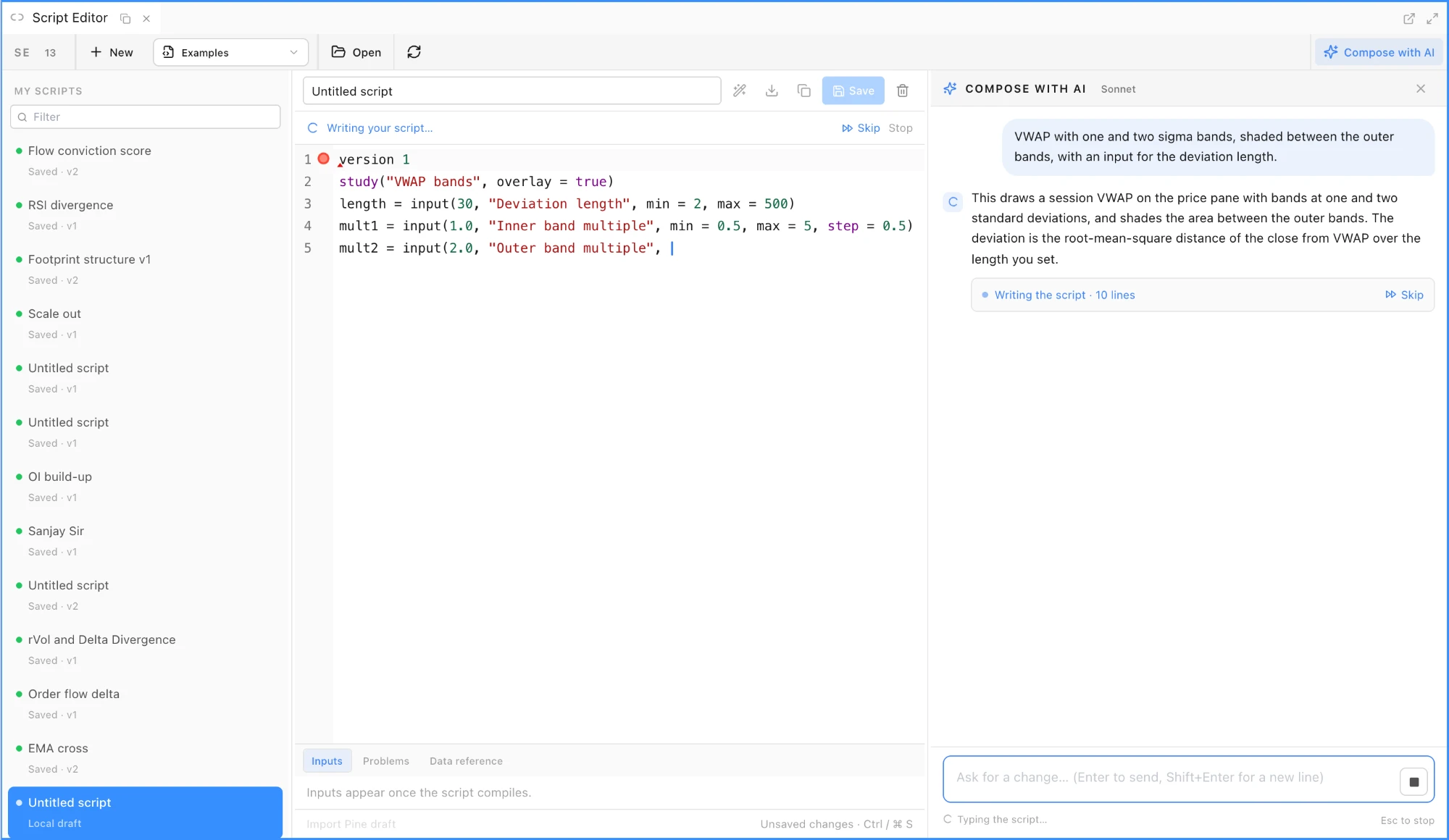 The Script Editor maximised in the FutPrint workspace, light theme: the request "VWAP with one and two sigma bands, shaded between the outer bands, with an input for the deviation length" in the Compose with AI column on the right, and the reply being typed into the editor line by line with Skip and Stop in the status bar.