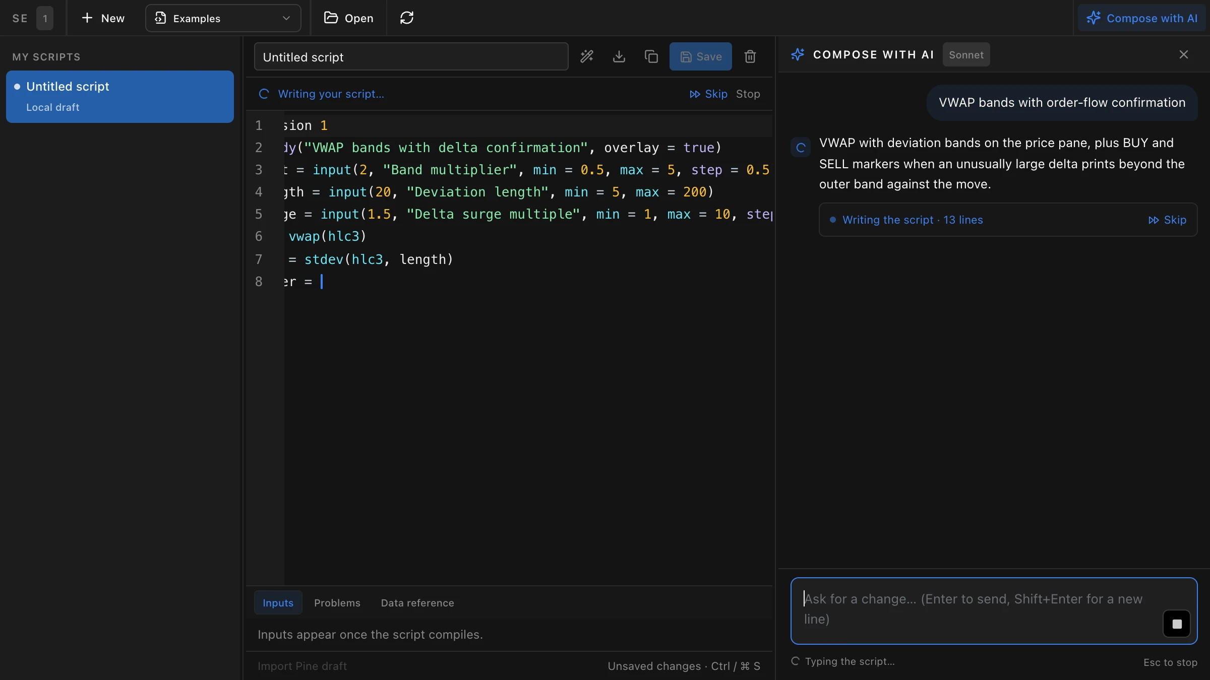 The FutPrint Script Editor while Compose with AI types a VWAP bands script into the editor, with the Skip and Stop controls visible