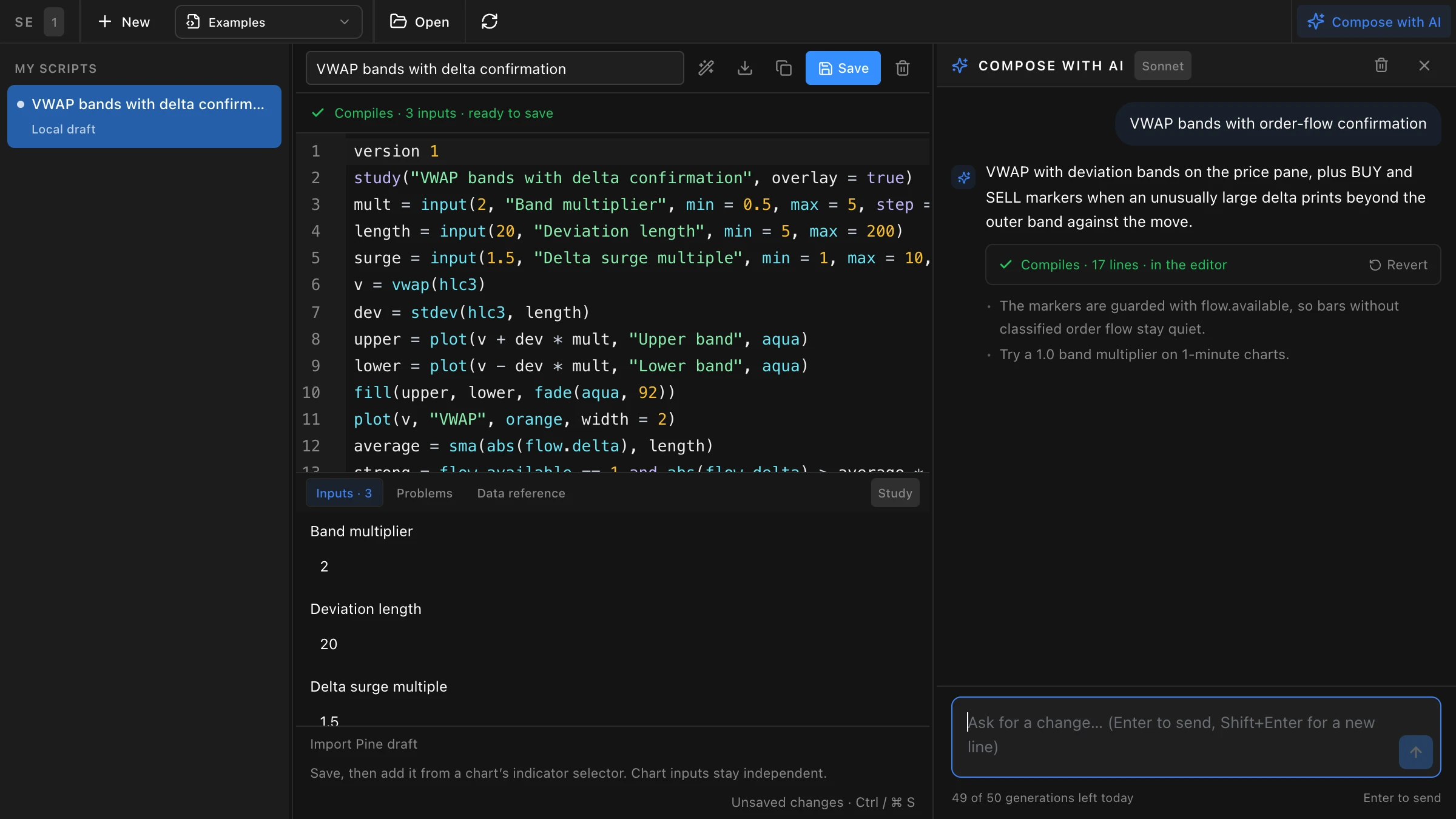 The FutPrint Script Editor with Compose with AI open: a VWAP bands script typed into the editor beside the conversation that asked for it