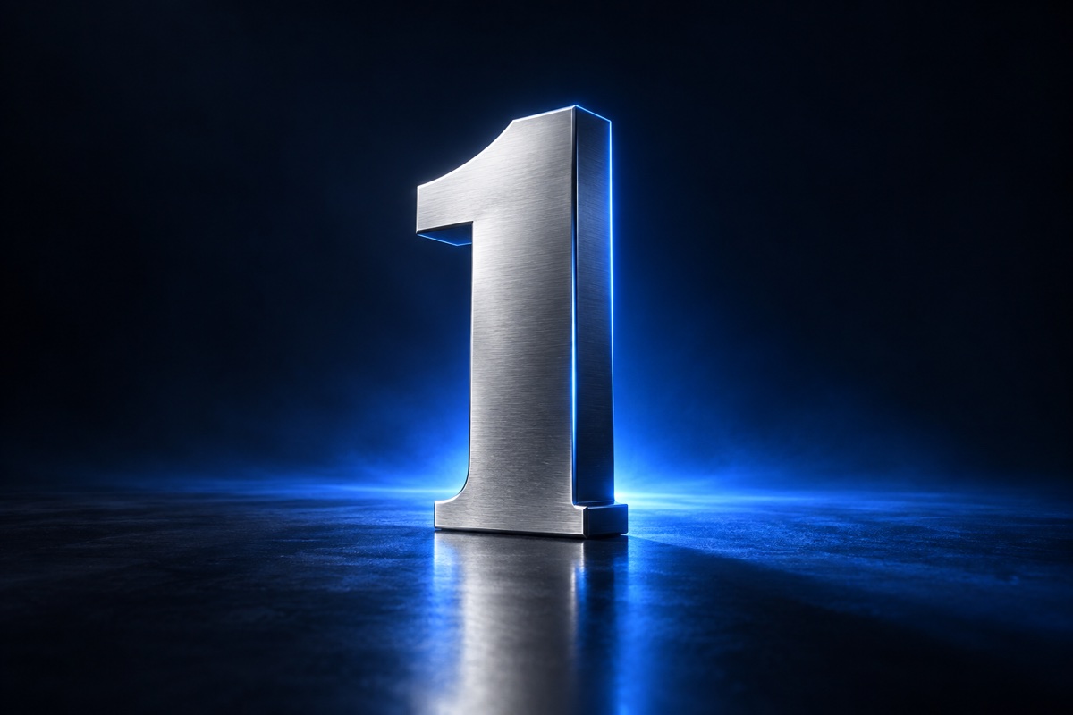 A metallic number 1 with FutPrint blue anniversary lighting
